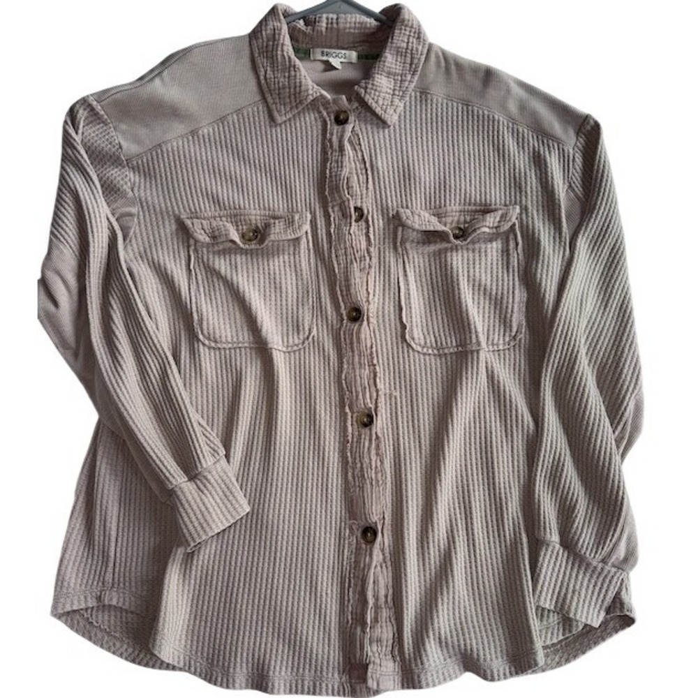 Briggs Womens Waffle Knit Button Down Shirt Shacket Taupe Beige Large